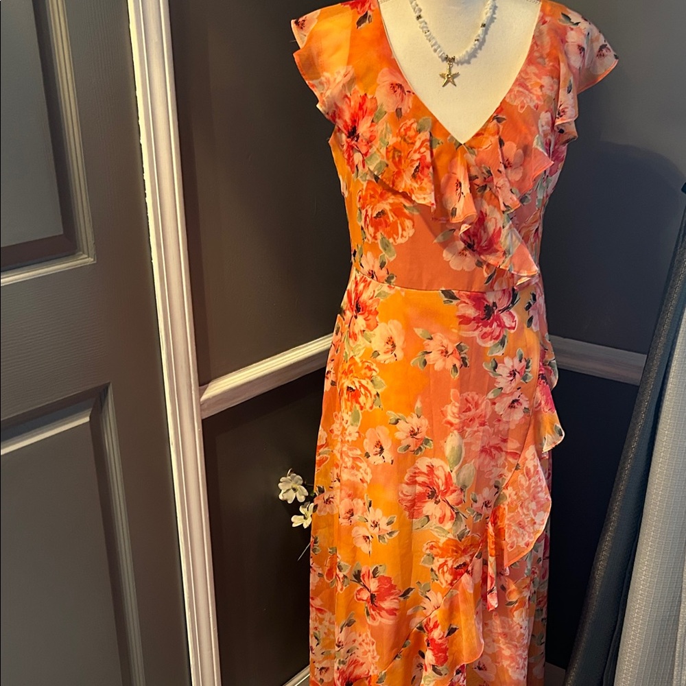 London Times Asymmetrical Floral Dress in Orange and Pink